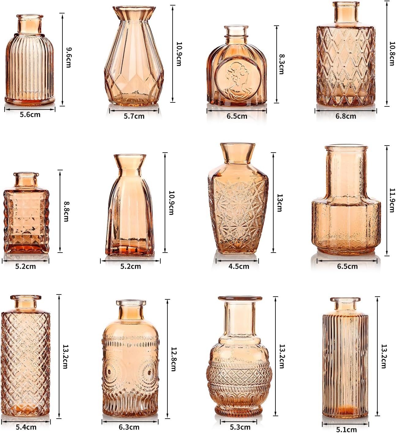 Small Mini Glass Vases for Centerpieces / Amber / Set of 12