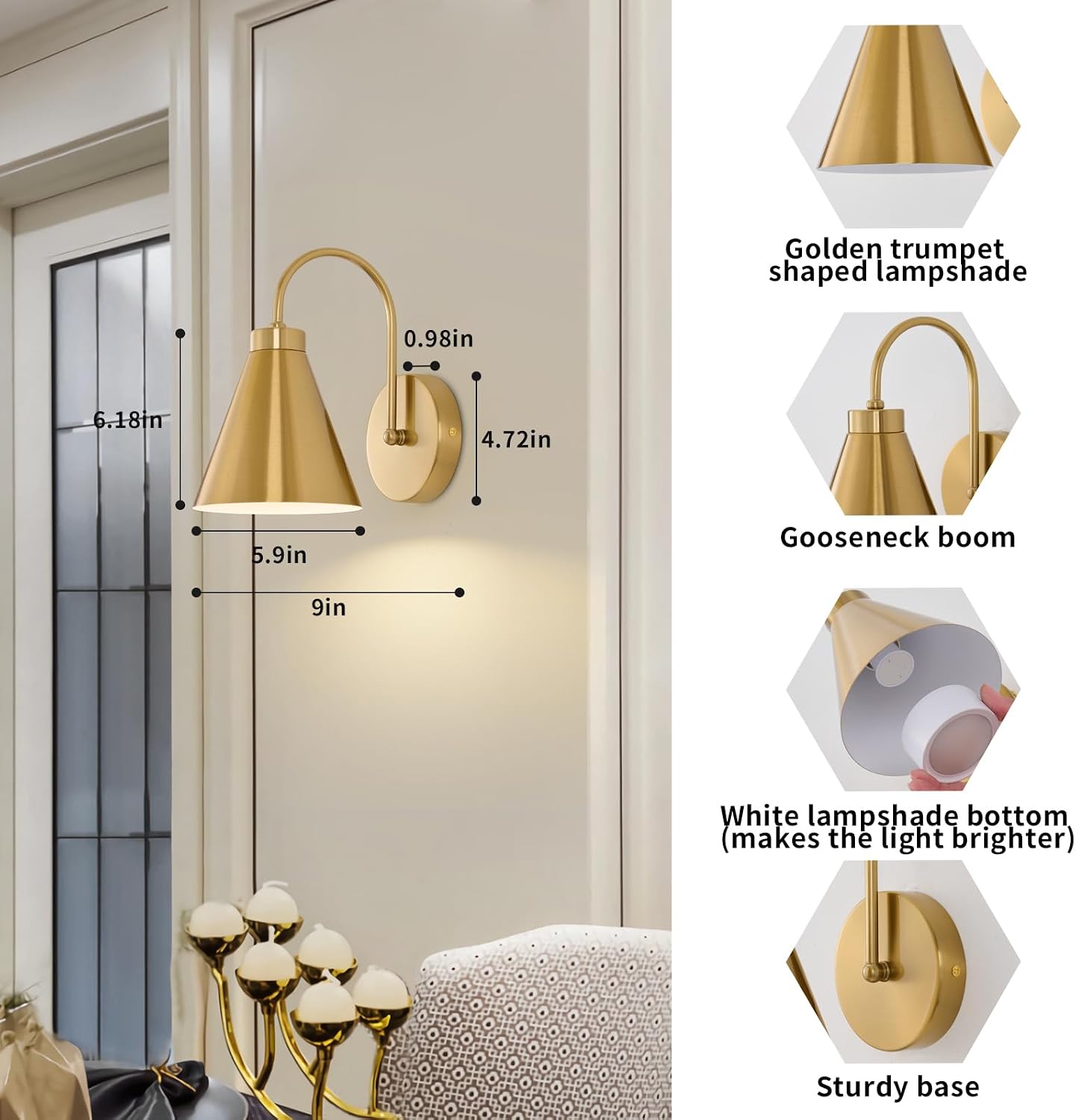 Powfloven Vintage Rechargeable Wall Sconces Set of 2, Gold Battery Operated Bedside Wall Lamps with Remote Control