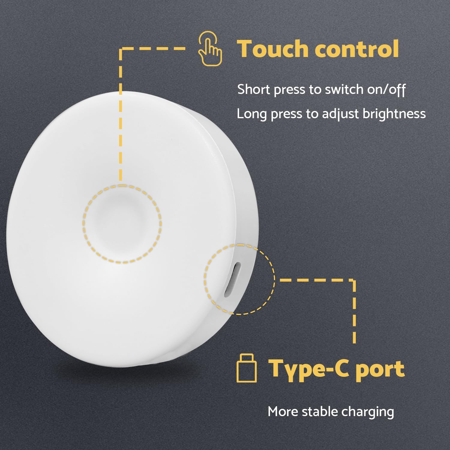 DAZZY DOT Rechargeable Puck Lights 2-Pack, Magnetic Tap Light, Warm Yellow | Dimmable touch control, magnetic &
