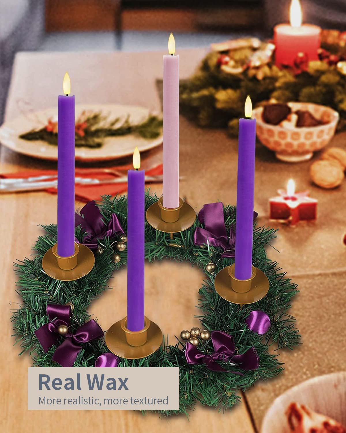 SHYMERY Flameless Advent Candles,Real Wax Battery Operated Electric LED Taper Candles with Remote Timer, Set of 4