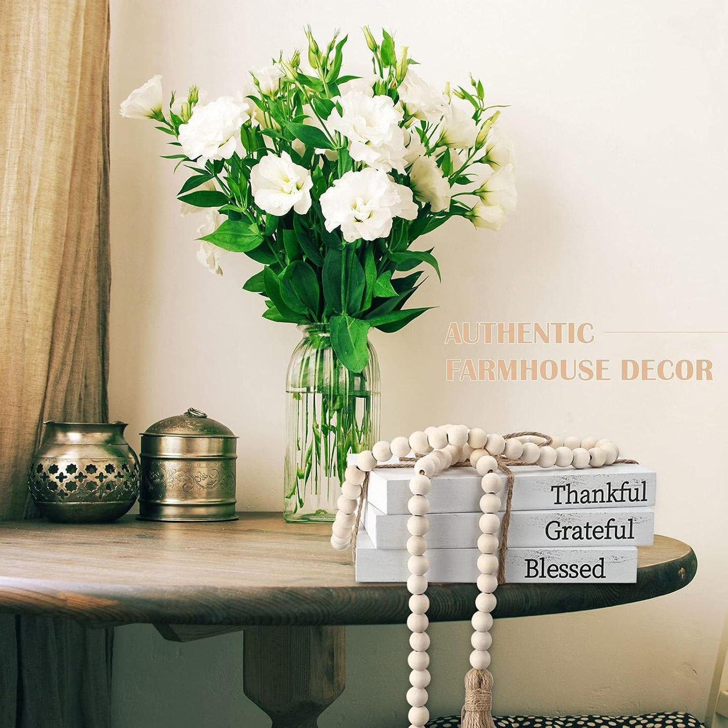 Wood Bead Garland for Living / Thankful, Grateful, Blessed / White / 58 Inch / Set of 3