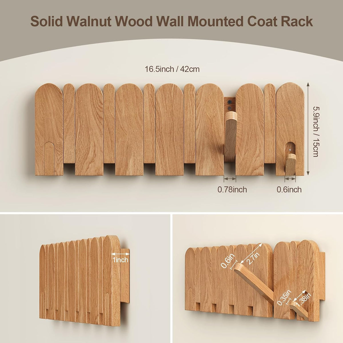 Solid Walnut Coat Rack Wall Mount, 16.5" Wood Wall Mounted Coat Rack with 8 Retractable Hangers,Heavy Duty Wooden Coat