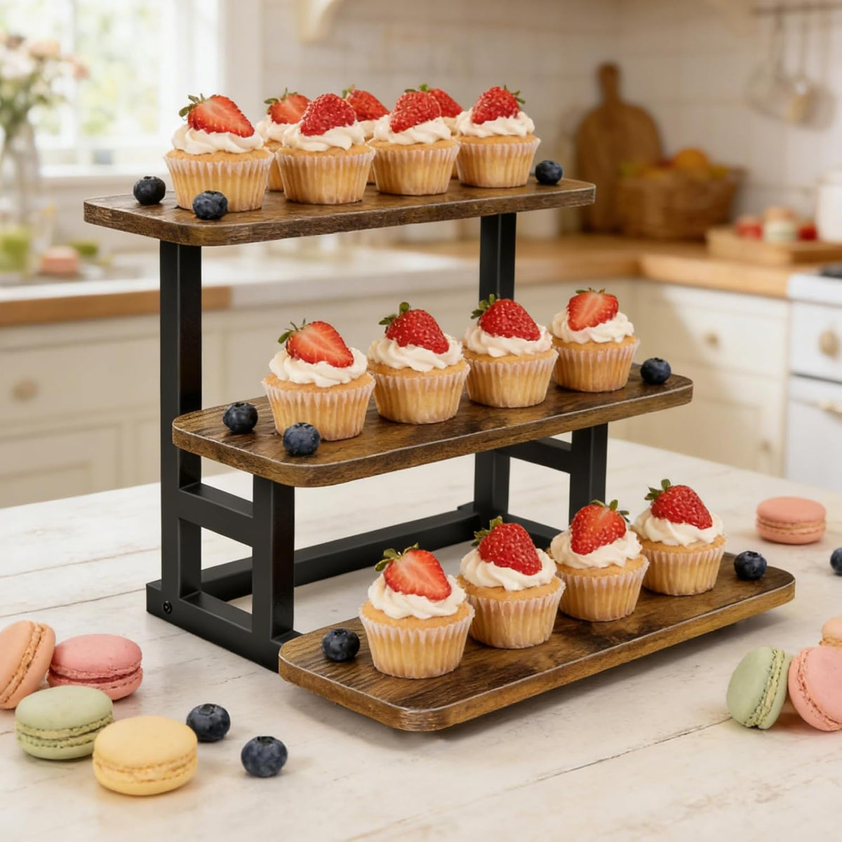 Lilybud--lily 3 Tier Cupcake Stand, Wooden Risers Display Stands Stepped Dessert Table Display Set with Metal Frame