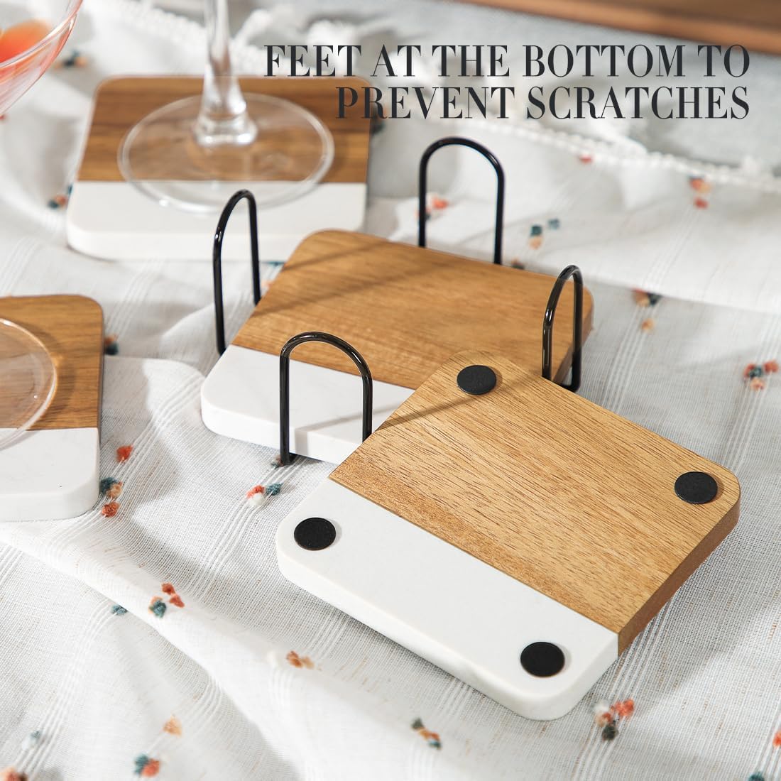 Holder / Acacia Wood Marble Coasters for Drinks / White Marble + Holder / Set of 4