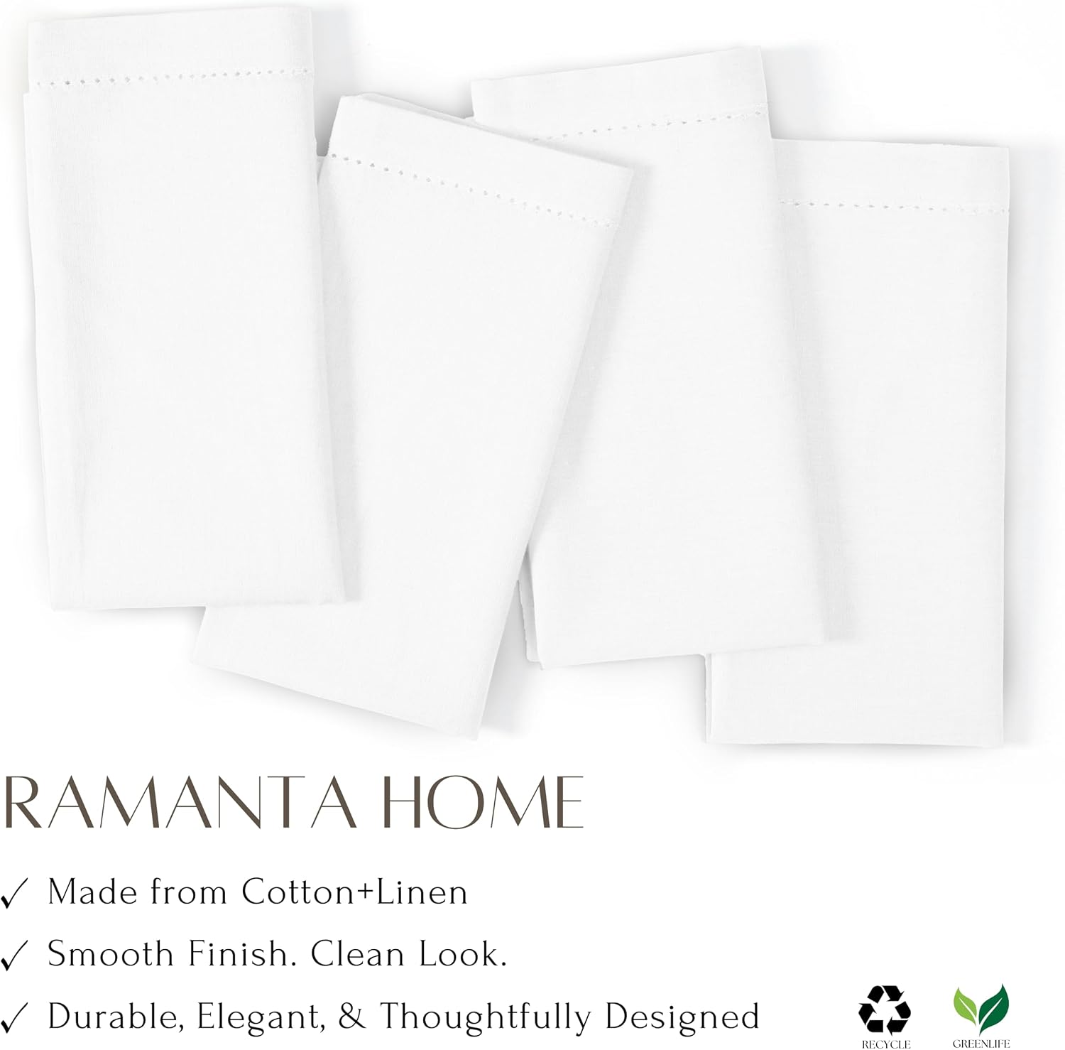 Ramanta Home White Linen Cloth Dinner Napkin Set of 12, 18x18 Inch | Reusable Dinner Cotton Washable Hemstitched Linen