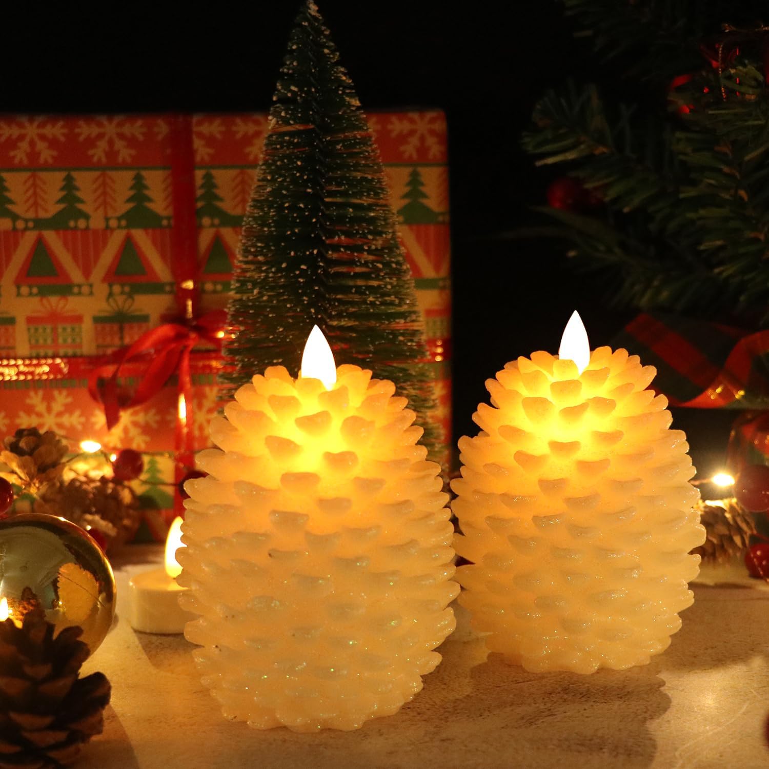Wondise Pine Cone Flameless Flickering Candles with Remote and Timer | Real Wax Battery Operated Flickering LED Candles