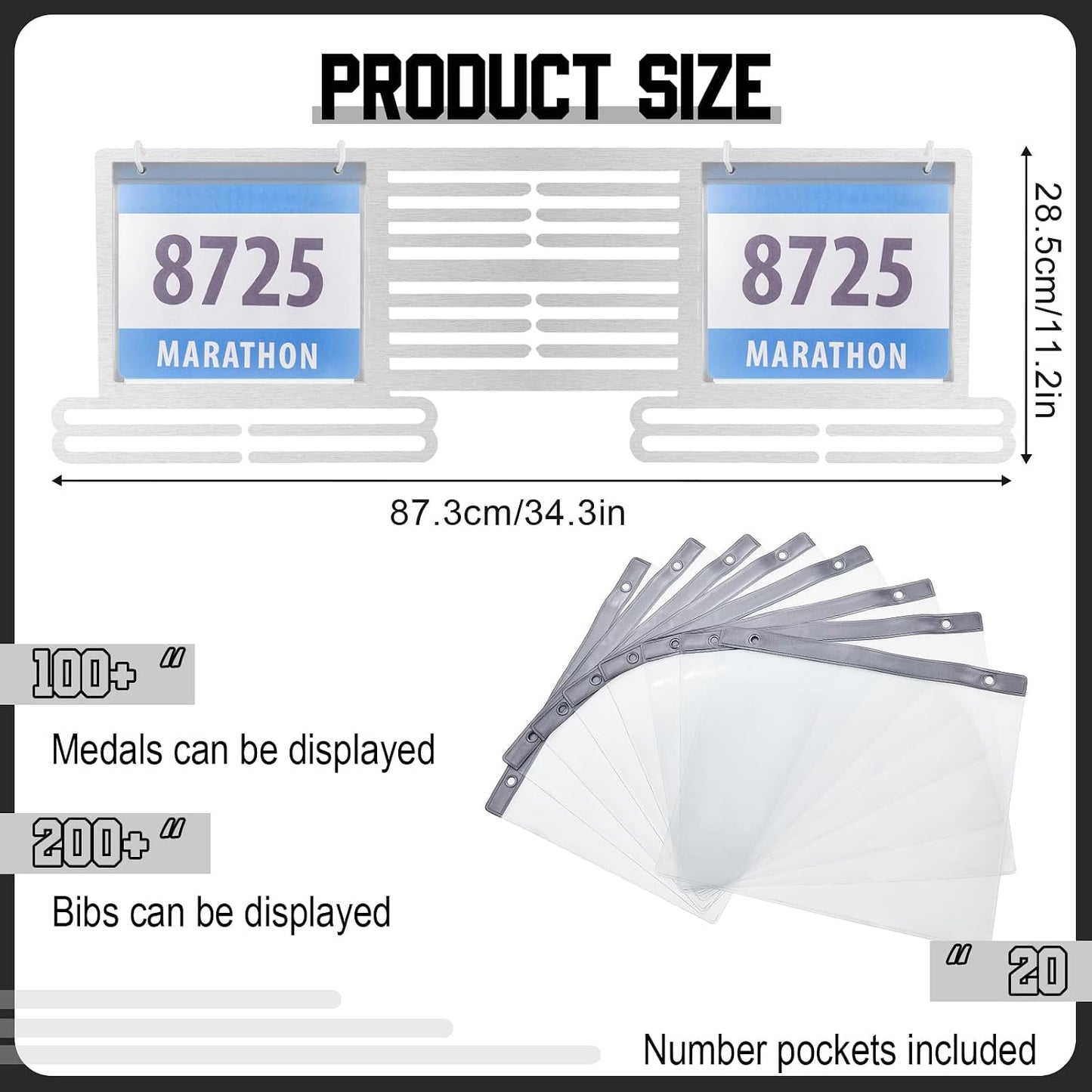 Race Bib and Medal Display Hanger, Metal Rack Holder Wall Mounted Award Rack for Runners, Displays Over 100 Medals and