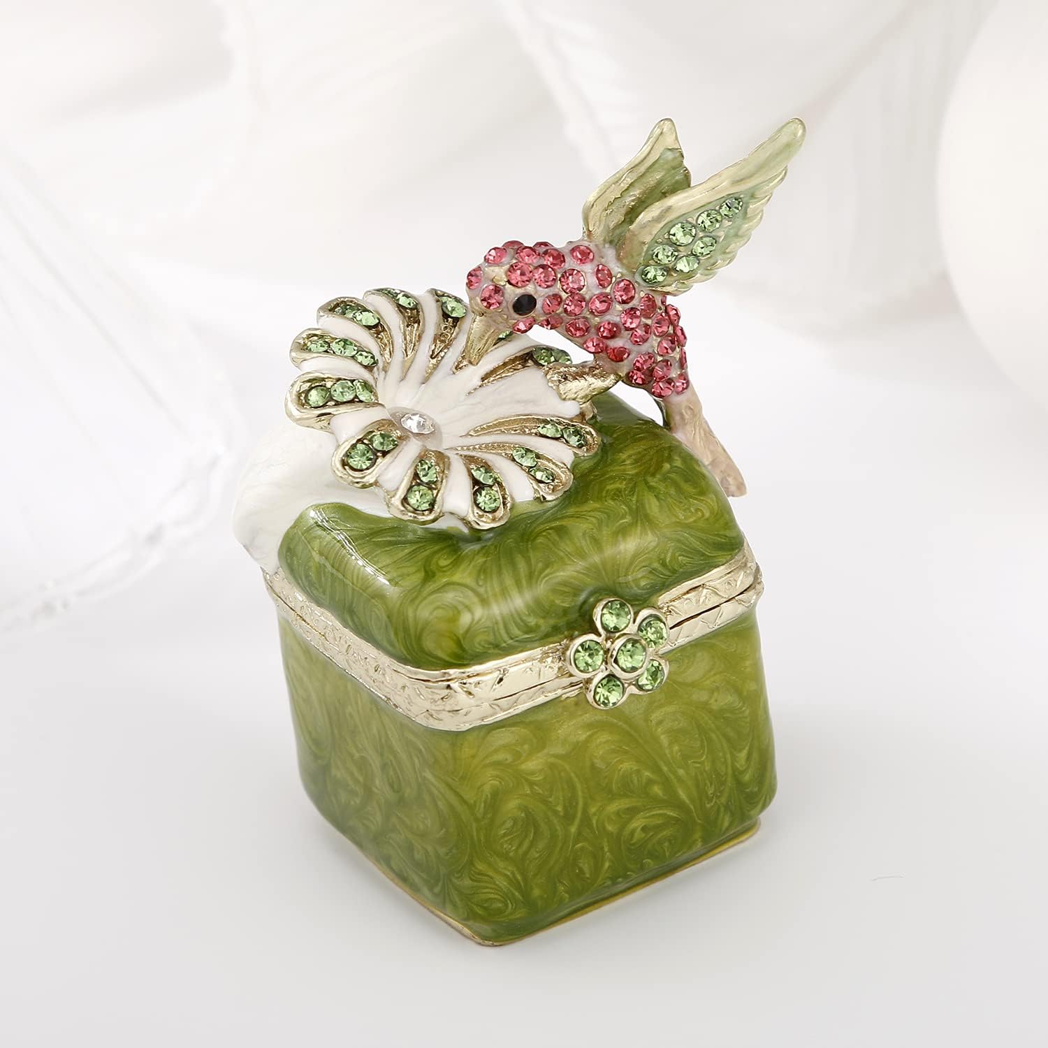 Unique Figurine / Hinged Jewelry Organizer for Ring Earrings / Green Hummingbird-3