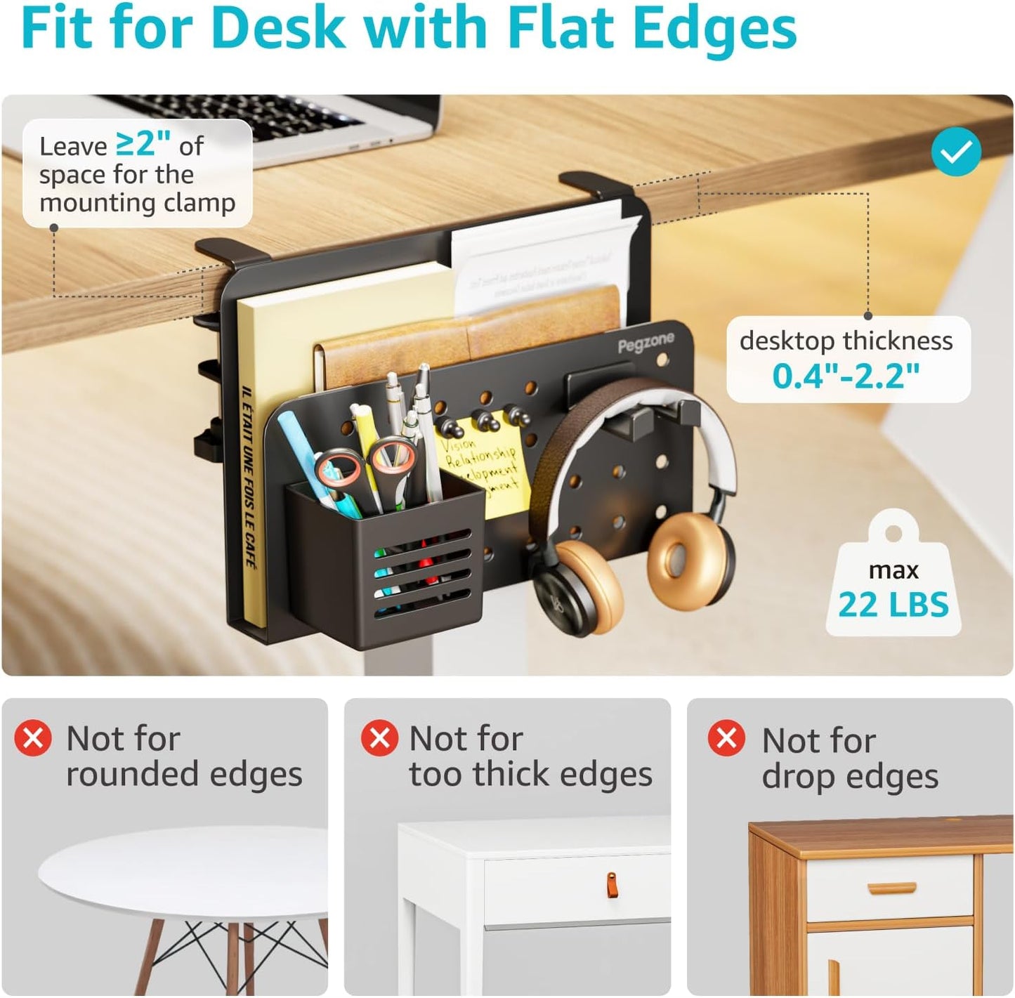 Desk Side Storage Organizer, Fits Flat Edge 0.4" to 2.2", Black | No Drill Under Desk Laptop Holder, Clamp on Desks