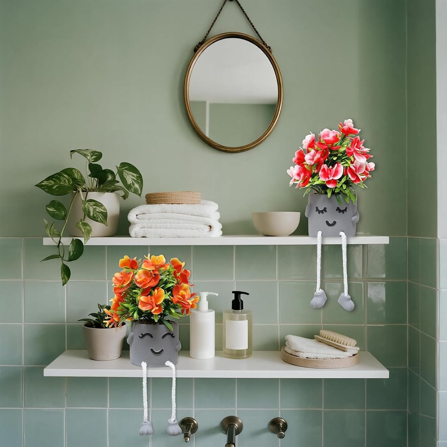 Artifical Plants Fake Flowers in Cement Pots Bathroom Shelf Small Plants / Set Plants/ A / Set of 2