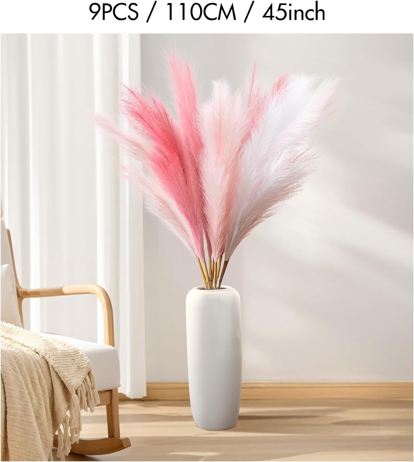 45" Pampas Grass Tall Pink White Decor Faux Dried Fluffy Fake Long / 45"-pink White Style / Set of 9