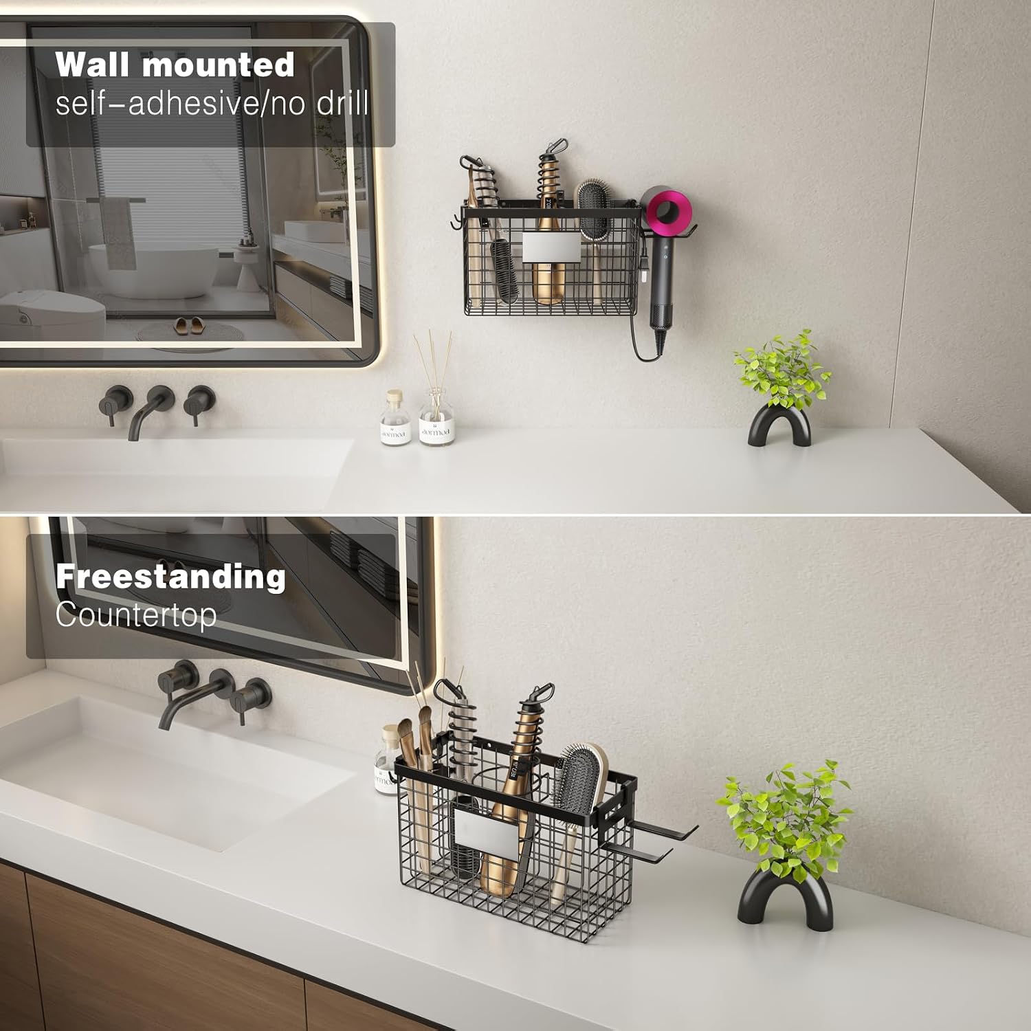 Voldra Hair Dryer Holder Cabinet Door, Adhesive Hair Tool Organizer Wall Mount Adjustable Height Blow Dryer Holder
