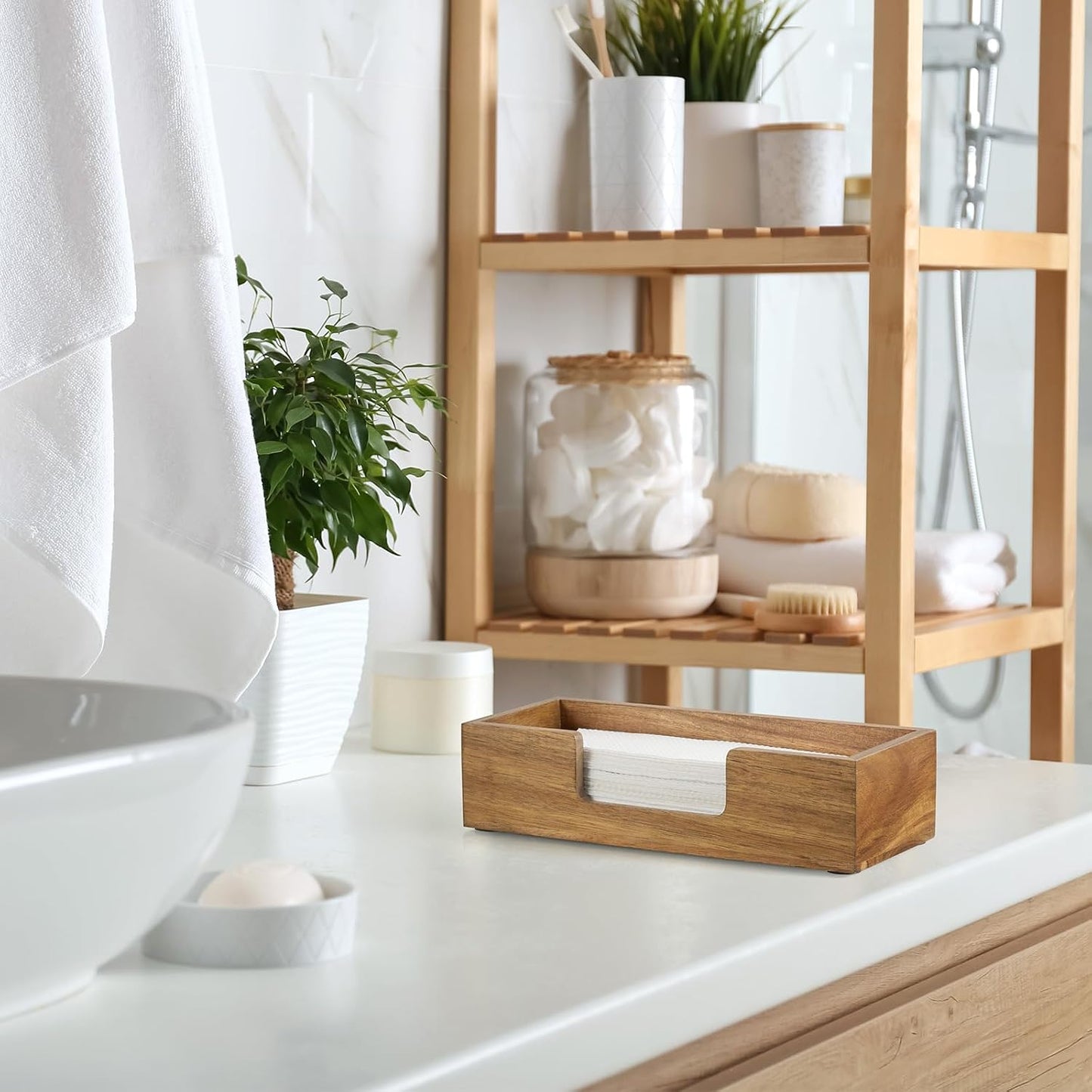 Paper Towel Dispenser Countertop, Acacia Wood Bathroom Paper Towel Holder, Black Napkin Holder for Kitchen, Countertop