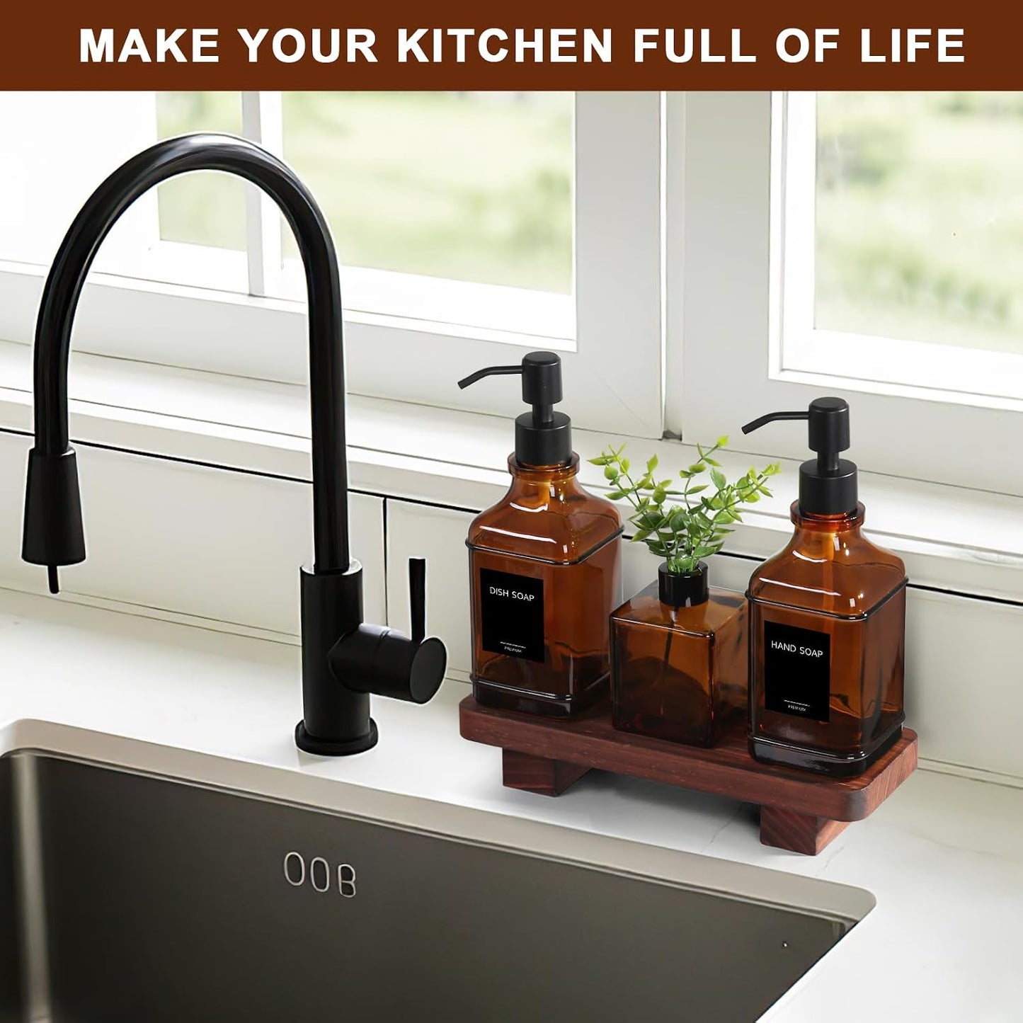 Wood Tray / Modern Kitchen Soap Dispenser Set / Amber