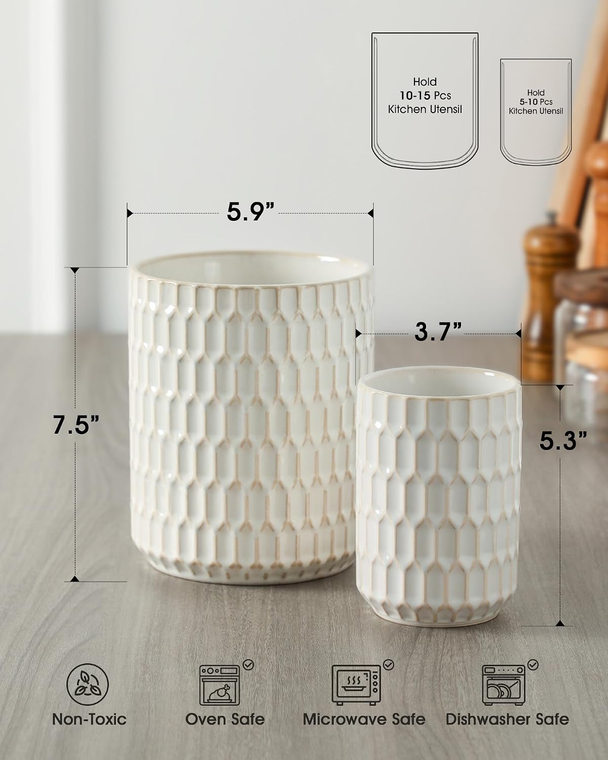 Utensil Holder Set of 2, Large & Small Ceramic Crocks for Kitchen | Countertop, Farmhouse Kitchen Decor, Thick Durable