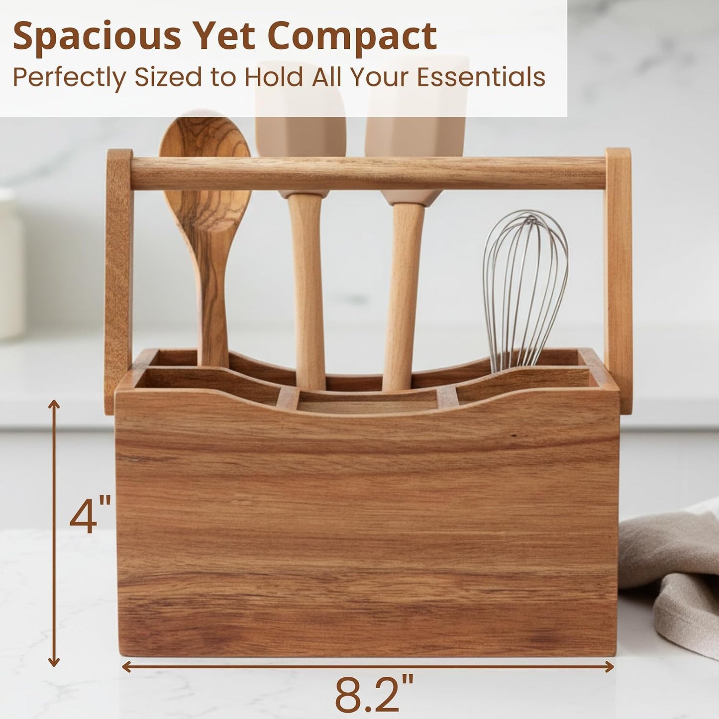 Utensil Caddy for Parties, Acacia Wood Silverware Holder for Countertop