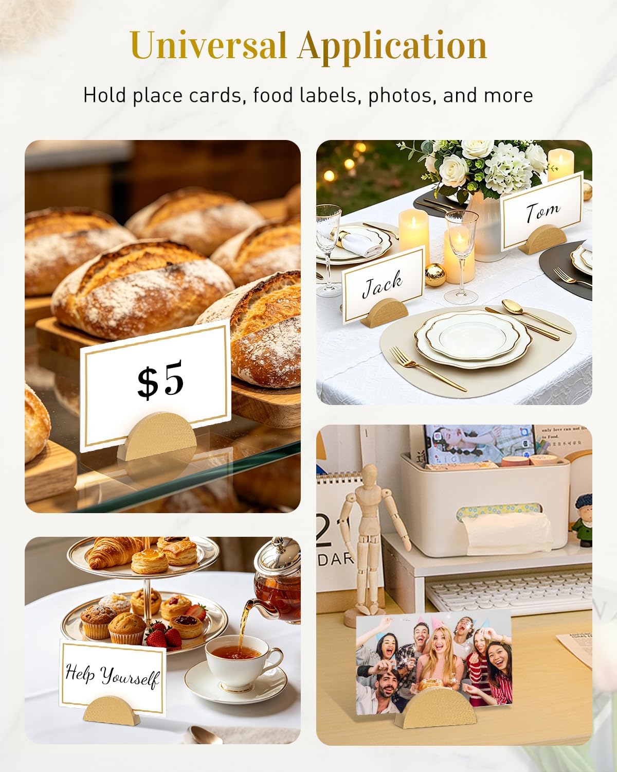Uniclife 48 Pcs Place Card Holders for Wedding Party Tables | gold wood place card holders include 48 name cards and