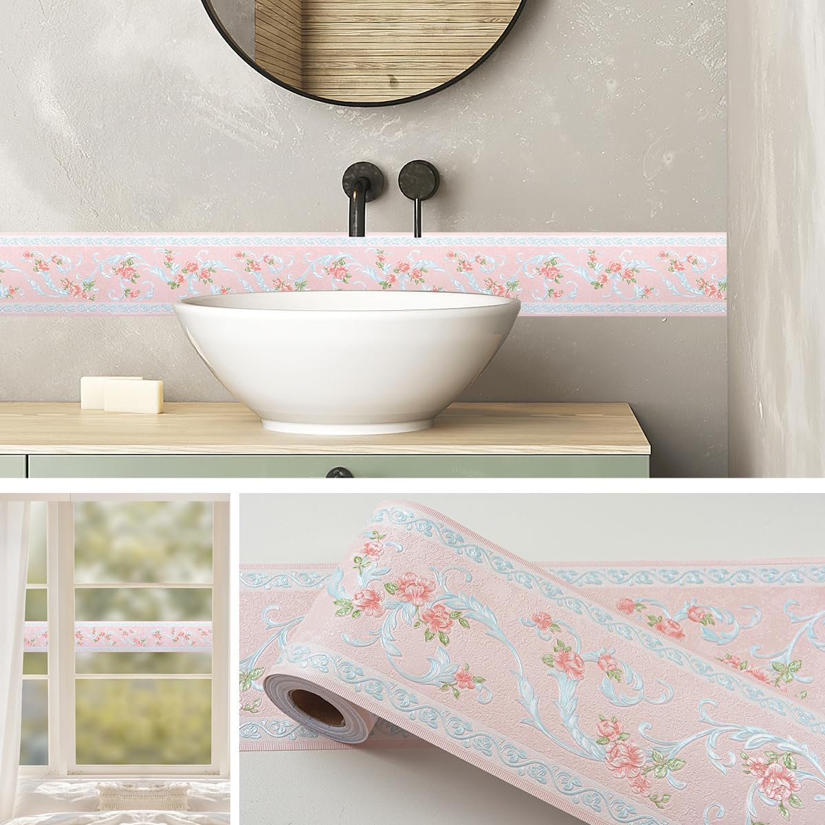 Flower Wallpaper Border Peel and Stick 3D Pattern Wall Decor Trim / Pink / 394 x 4.1