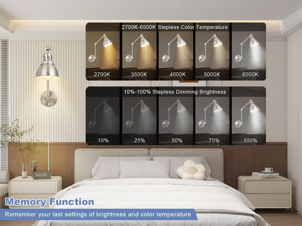 GOODATE 1 Pack Plug in Wall Sconce with Remote, Dimmable, Adjustable Colors, Swing Arm Wall Lamp, Plug in Wall Light