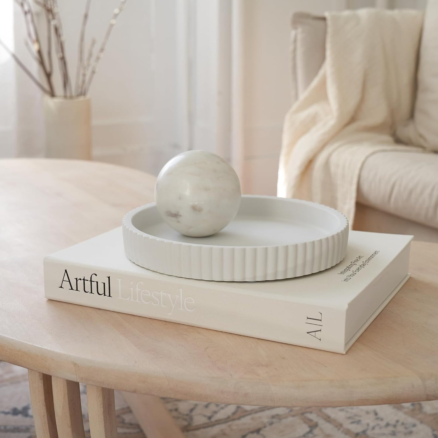 Scalloped Tray & Linen Box Coffee Table or Bookshelf Decor / Beige