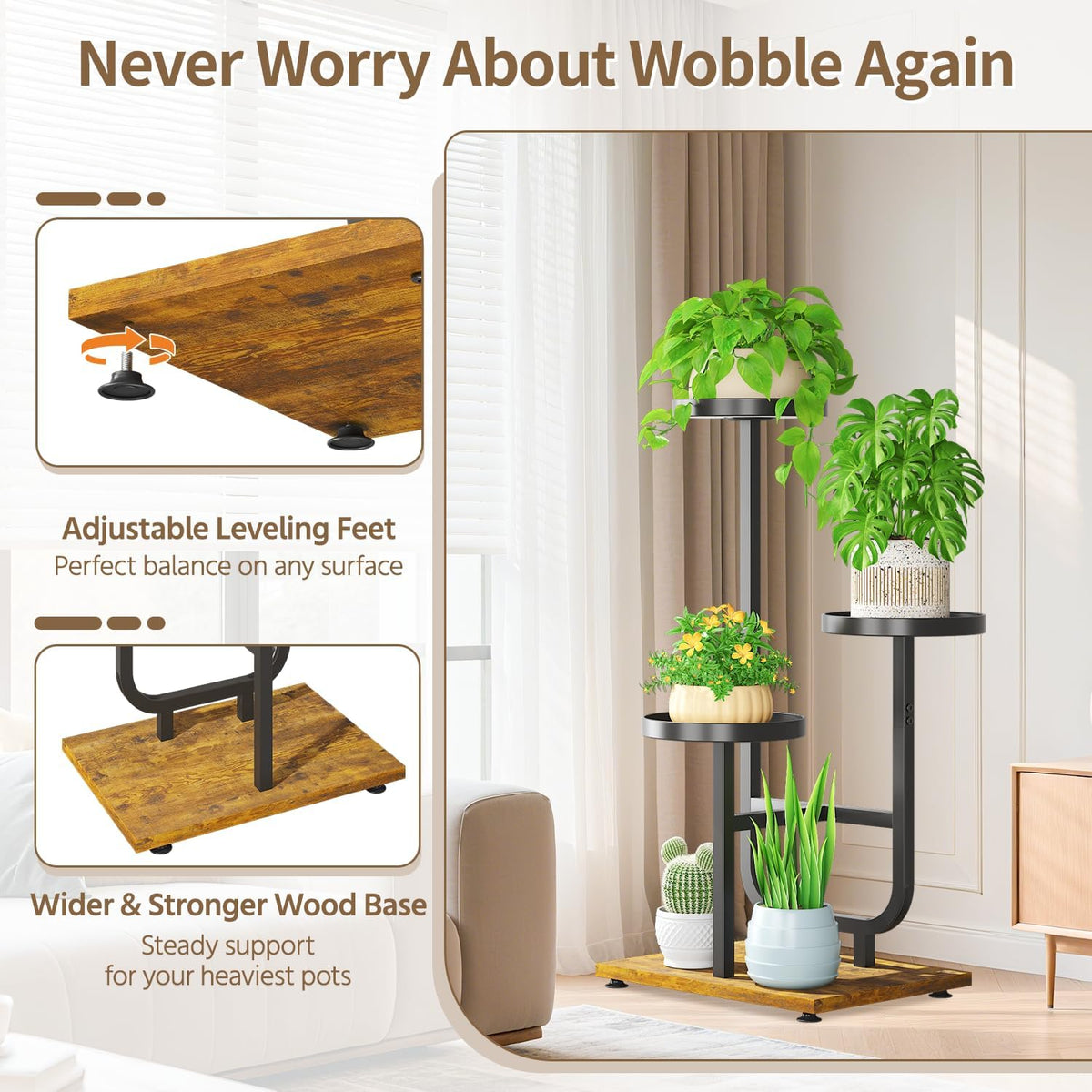 LASZOLA Plant Stand Shelf Tall for Indoor Corner, 3 Tier Metal Black | Modern Multiple Flower Display Rack with Wooden