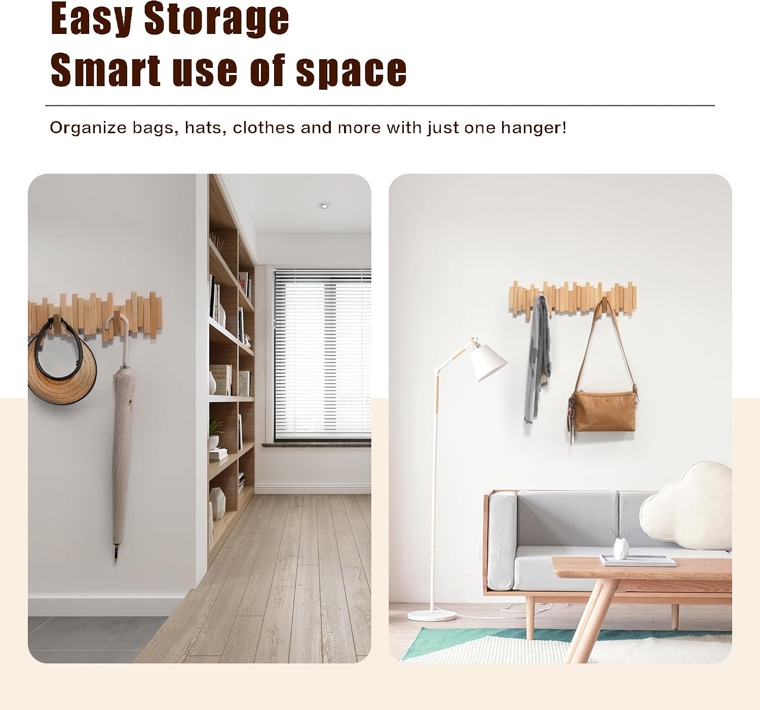 DESAINOPH® Wooden Coat Rack Wall Mounted Sticks Multi Rack Solid Handmade Natural Wood Artwork with 5 Flip-Down Unique