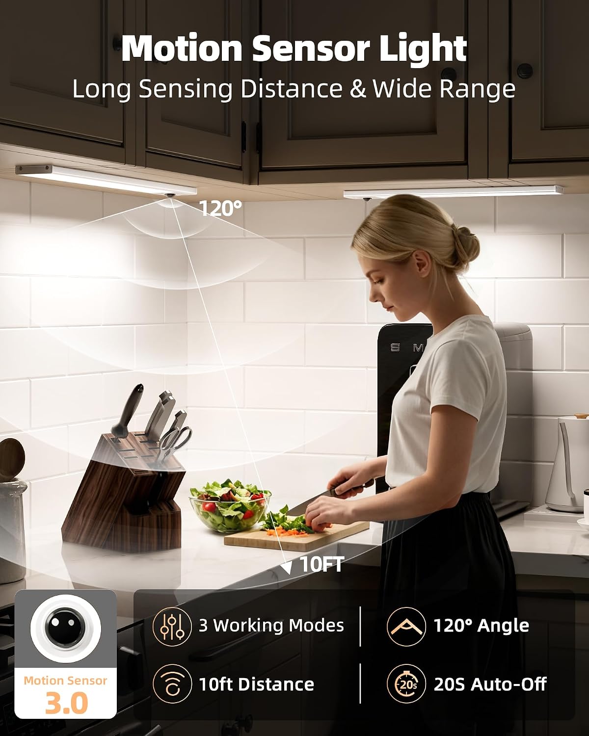 EZVALO 3 Pack Under Cabinet Lighting Wireless with Battery Indicator, 2000mAh Rechargeable Motion Sensor Light Indoor