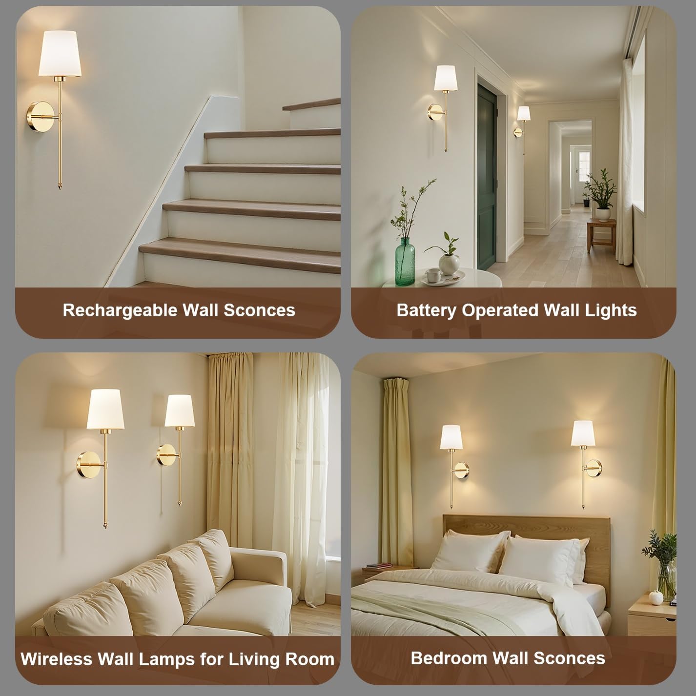IRONPAX Wall Sconces Battery Operated Set of 2, Wireless Rechargeable Wall Sconce Set of Two, Dimmable Wall Lights with