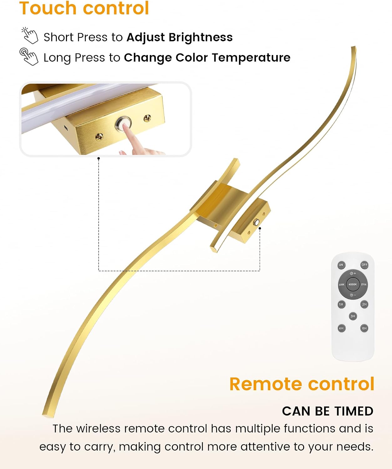 39.4 Inch Battery Operated Wall Sconce Set of 2, Gold Modern Rechargeable Wall Lights with Remote, 3CCT Dimmable
