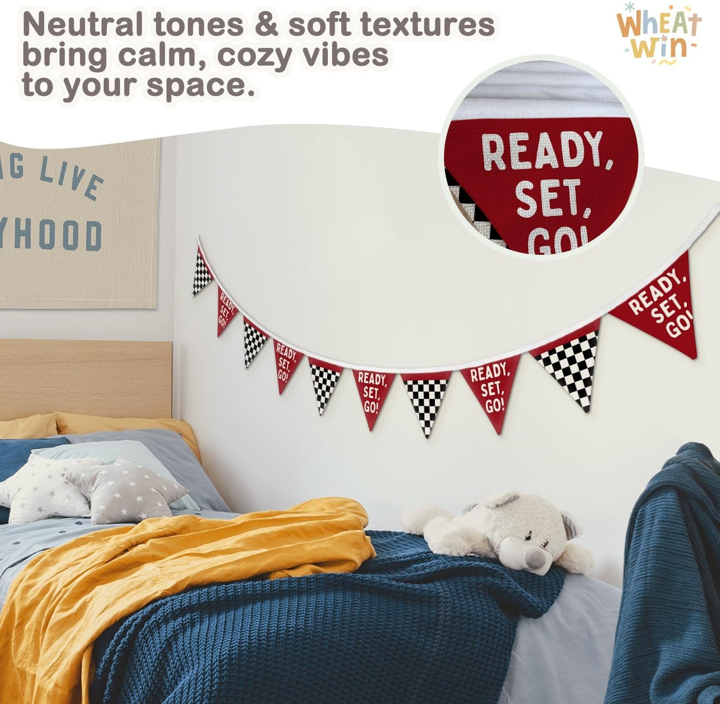 Race Car Room Decor for Boys Canvas Linen Garland / Checkered - Ready Set Go / Black / 5.5 Inch