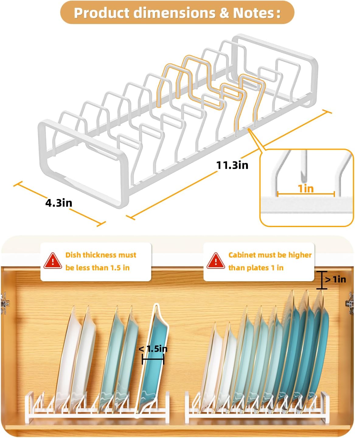 Plate Organizer for Cabinet -2Pack,Dish Rack Organizer for Cabinet Kitchen Countertop Drawer Space Saver，8 Slots