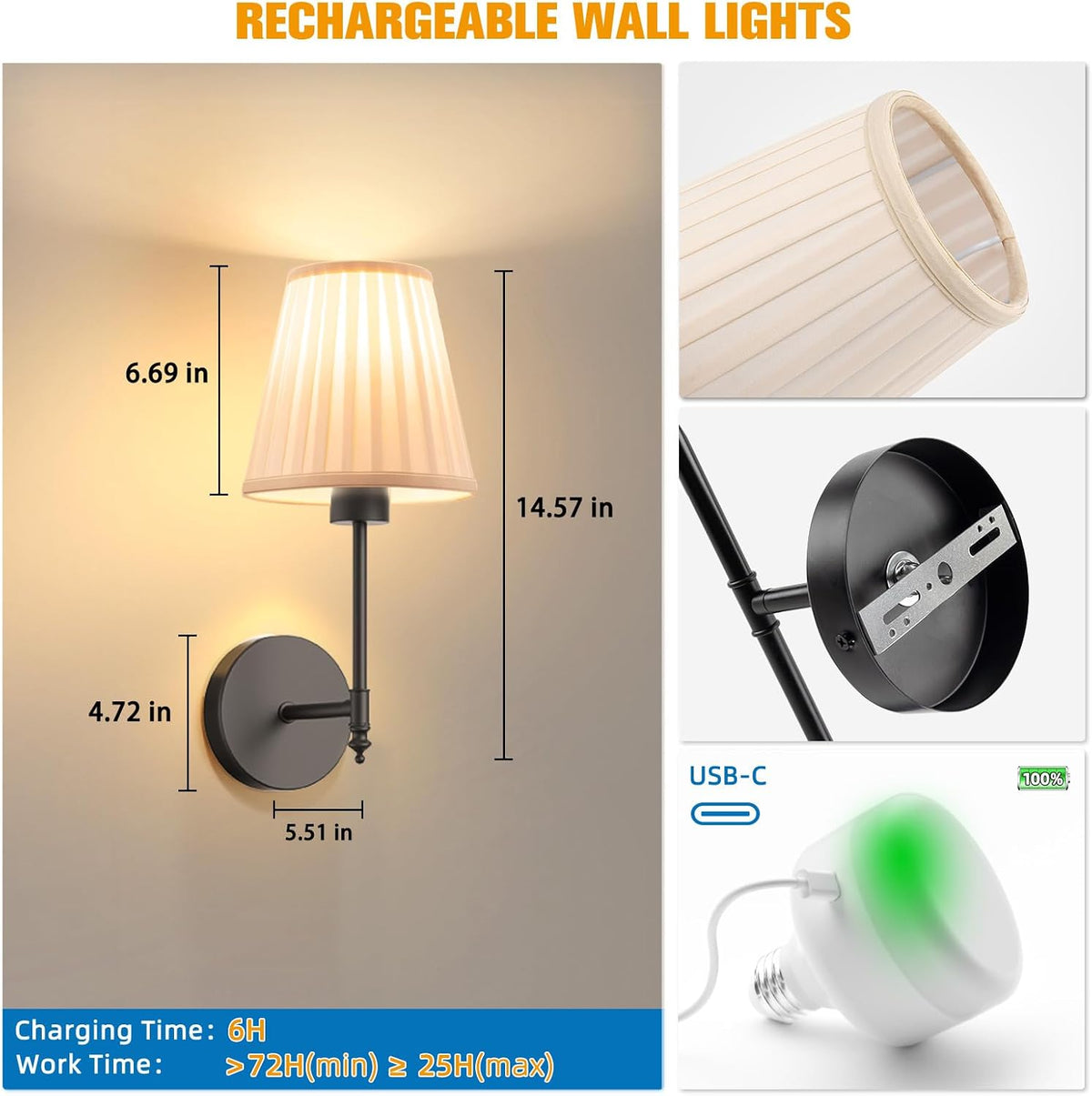14.5 inch Battery Operated Wall Sconce Set of 2,Beige-Black Rechargeable Wall Lights with 10400mAh Dimmable Bulbs and