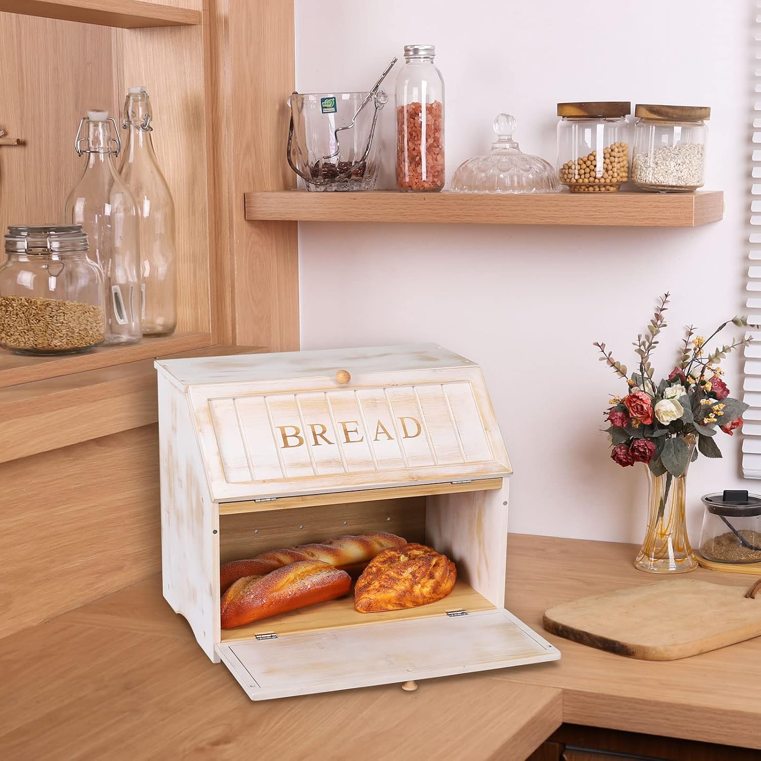 HOMEKOKO Vintage Double Layer Farmhouse Bread Box for Kitchen Counter,White | Keeps Bread Fresh 3-4 Days, 2-Tier