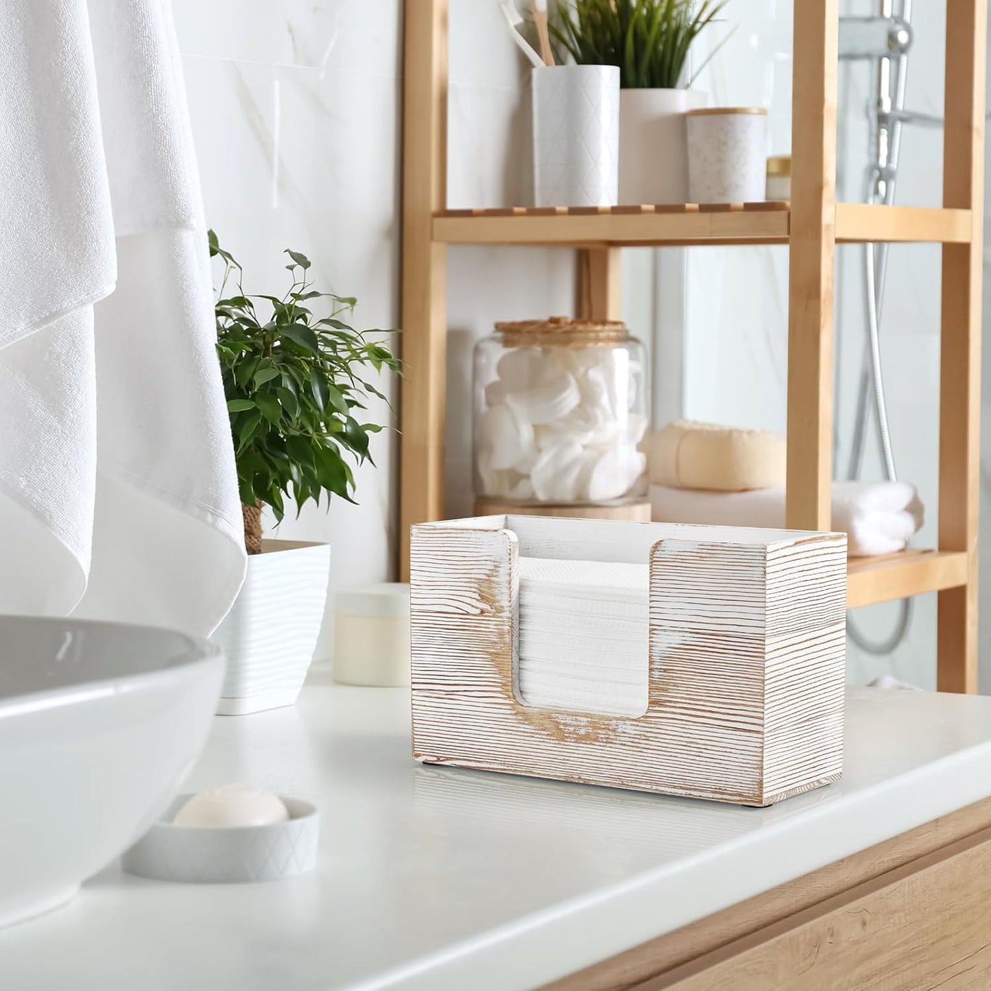 Paper Towel Dispenser Countertop, White Washed Wood Bathroom Paper Towel Holder, Napkin Holder for Kitchen, Countertop