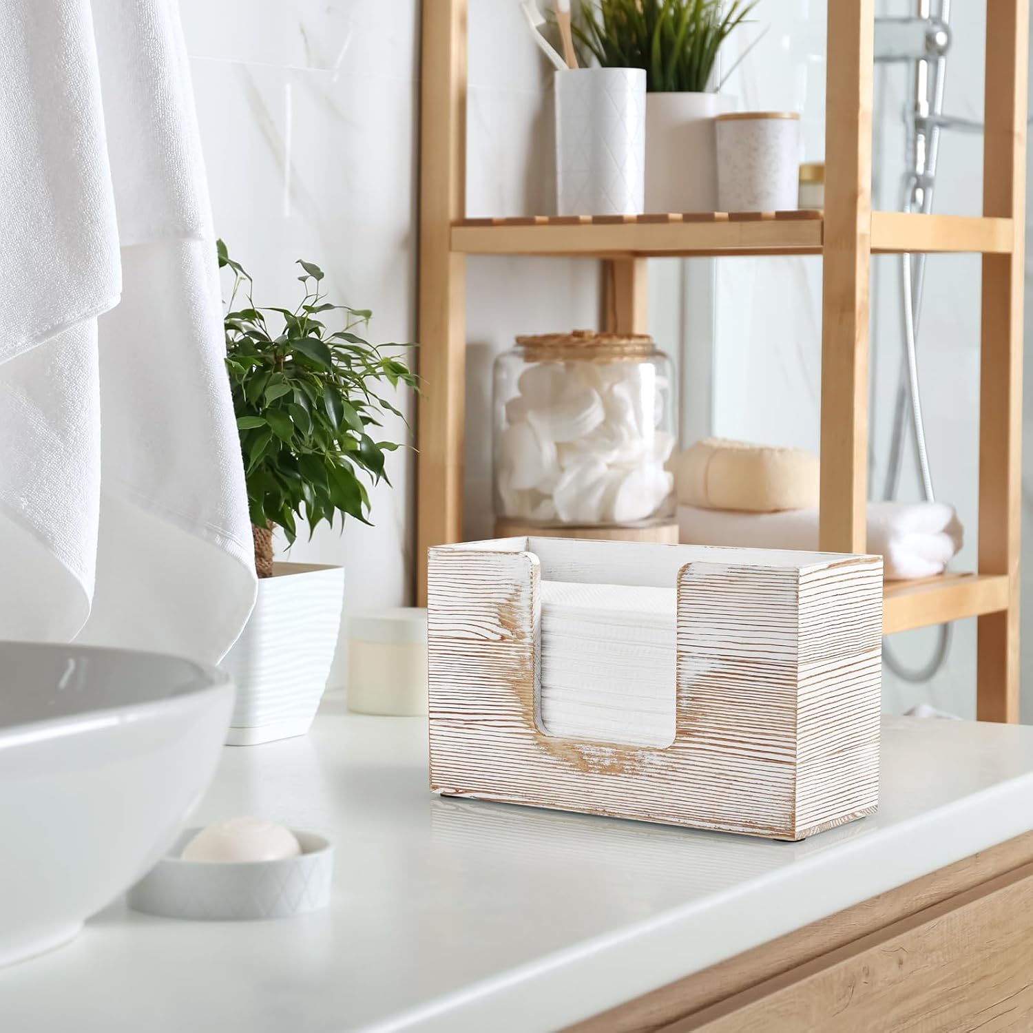 Paper Towel Dispenser Countertop, White Washed Wood Bathroom Paper Towel Holder, Napkin Holder for Kitchen, Countertop