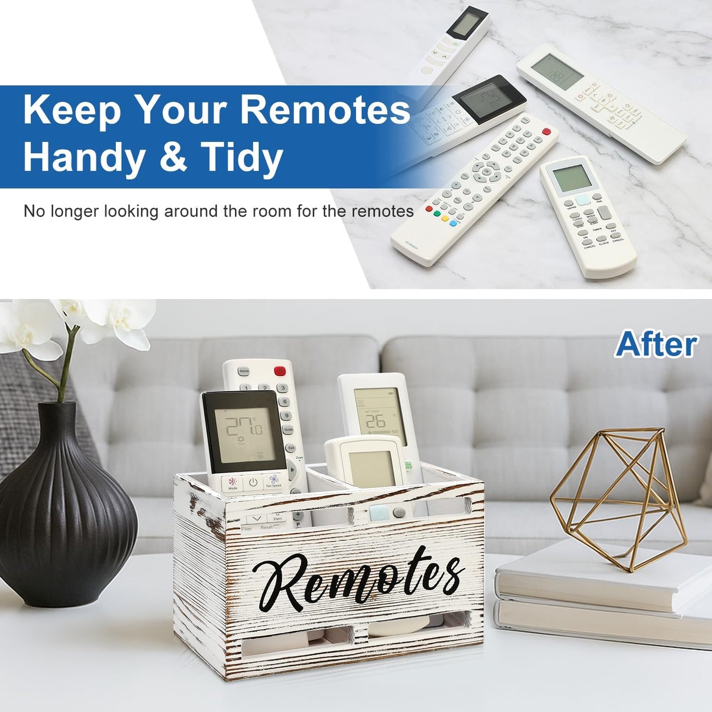 Wooden Remote Control Holder Wall Mount Remote Organizer / Rustic White / 2 Slot