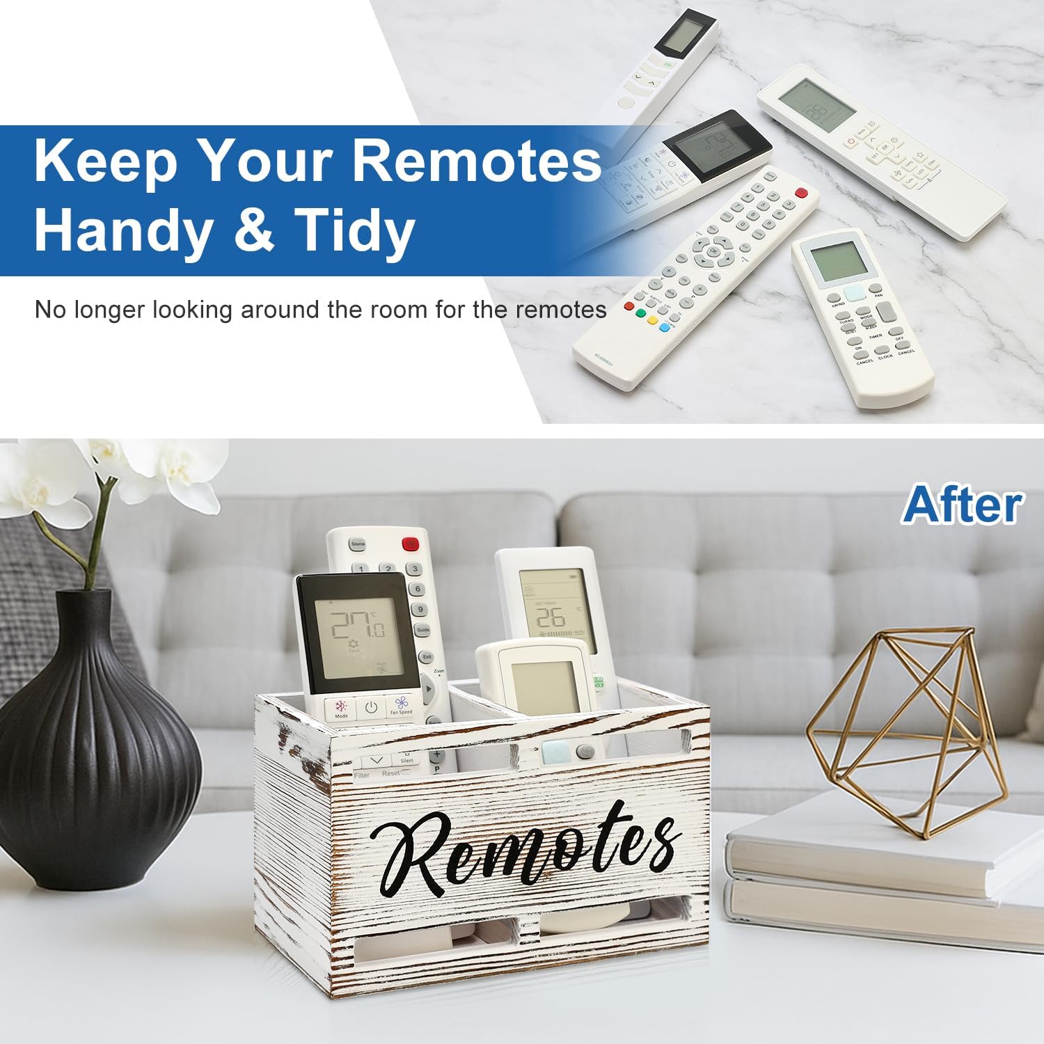 Wooden Remote Control Holder Wall Mount Remote Organizer / Rustic White / 2 Slot