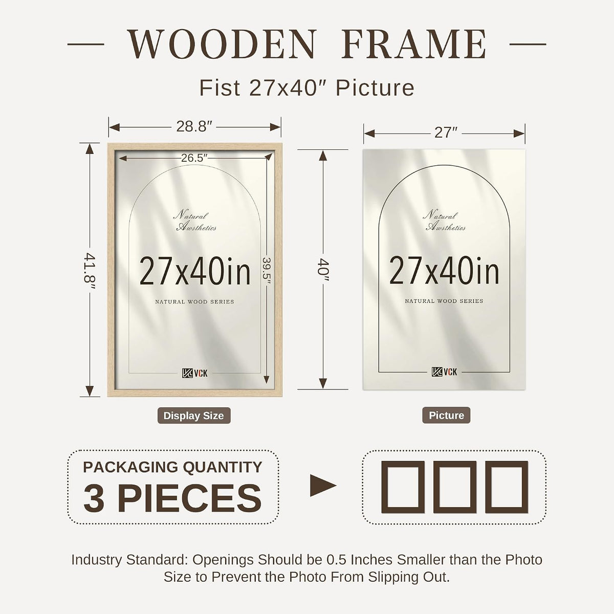 VCK 27x40 Inch Poster Frame Set of 3, Natural Woodgrain, Wall Hanging | Wide Border, Exclusive Woodgrain, Shatterproof