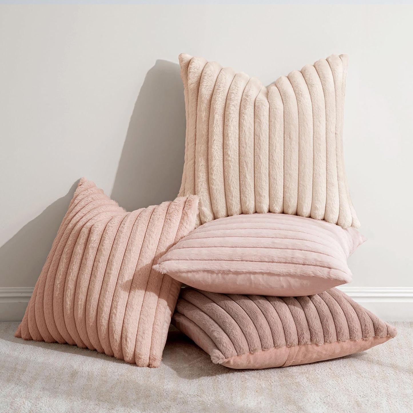 Faux Fur Plush Decorative Throw Pillow Covers / 18 x 18 / Pink / Set of 4