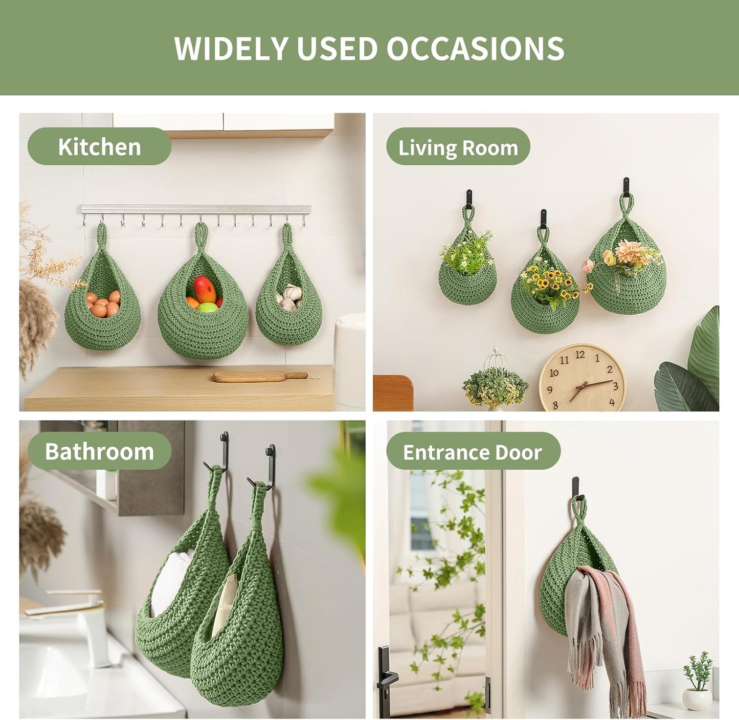 Boho Wall Hanging Fruit Baskets / Green / Set of 6