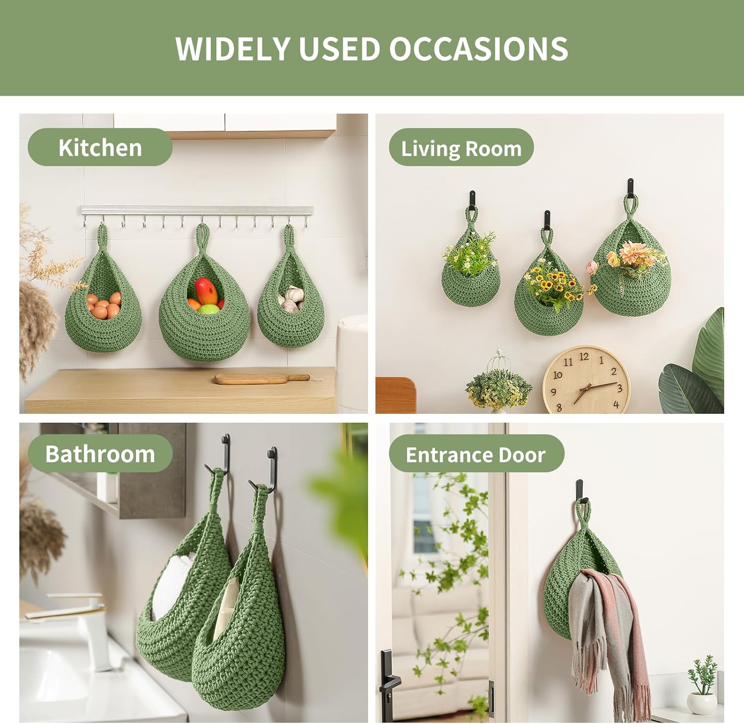 Boho Wall Hanging Fruit Baskets / Green / Set of 6