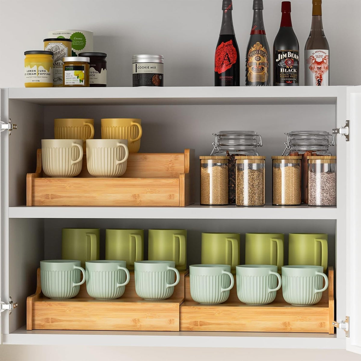 Hongtamoya 2-Tier Expandable Bamboo Coffee Mug Holder, Mug Organizer for Kitchen Cabinets, Mug Cup Rack