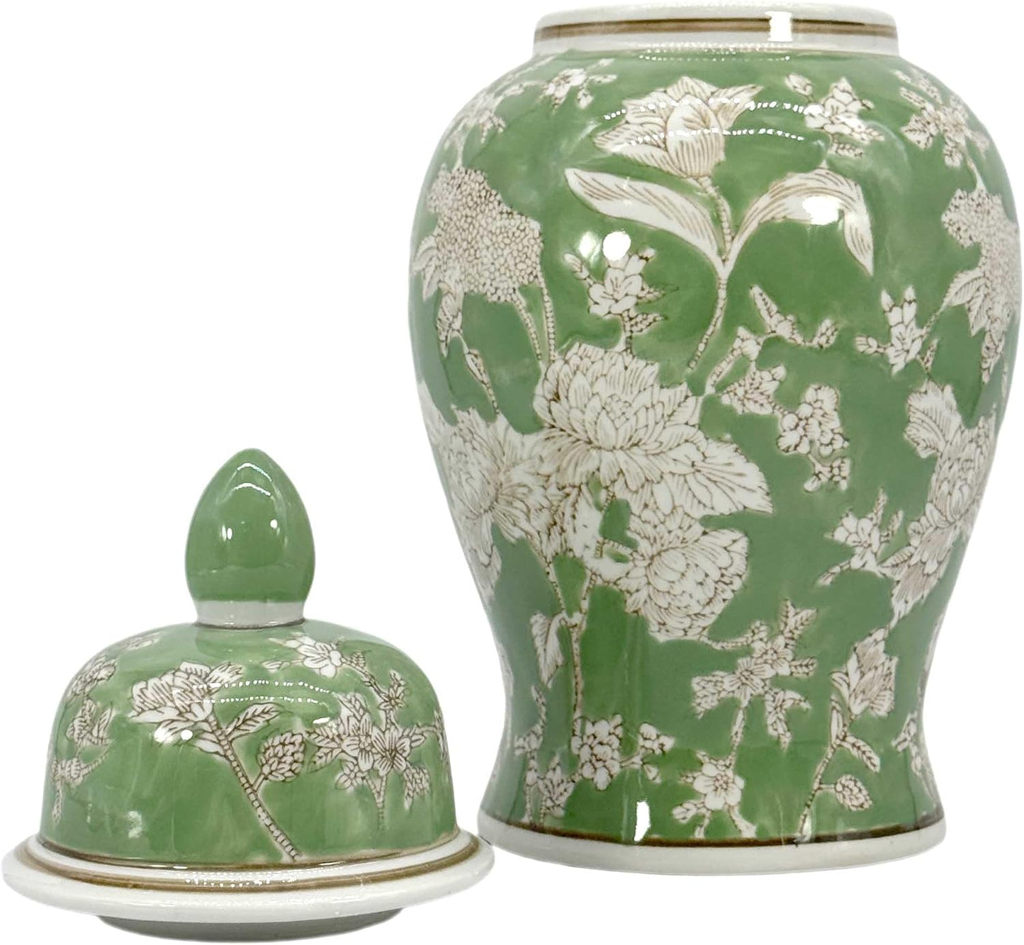 14" Green & White Floral Ceramic Porcelain Ginger Jar Floral Home / 14" Green & White Ginger Jar