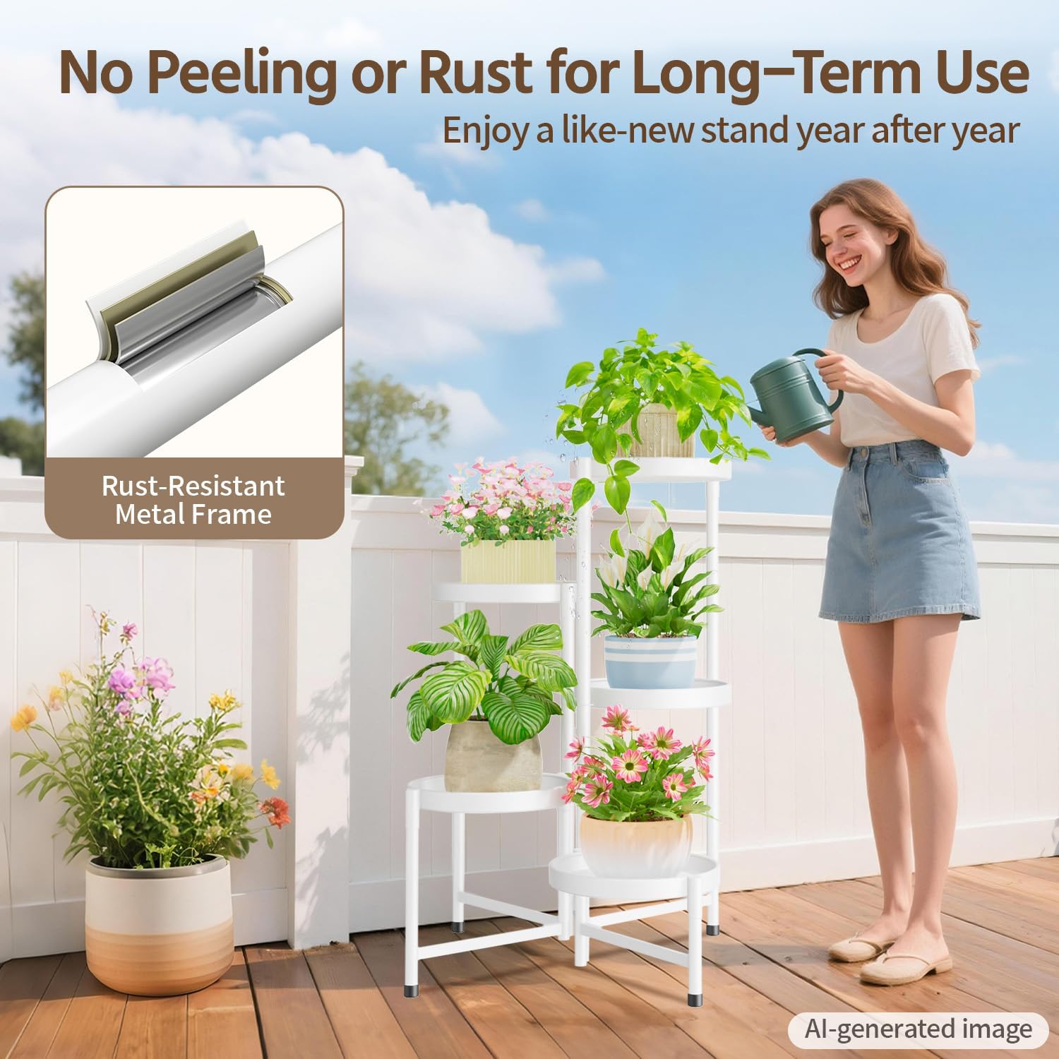 LASZOLA Plant Stand Indoor with 10 Inch Large Metal Tray, 5 Tier White | Corner Tall Folding Flower Display Rack