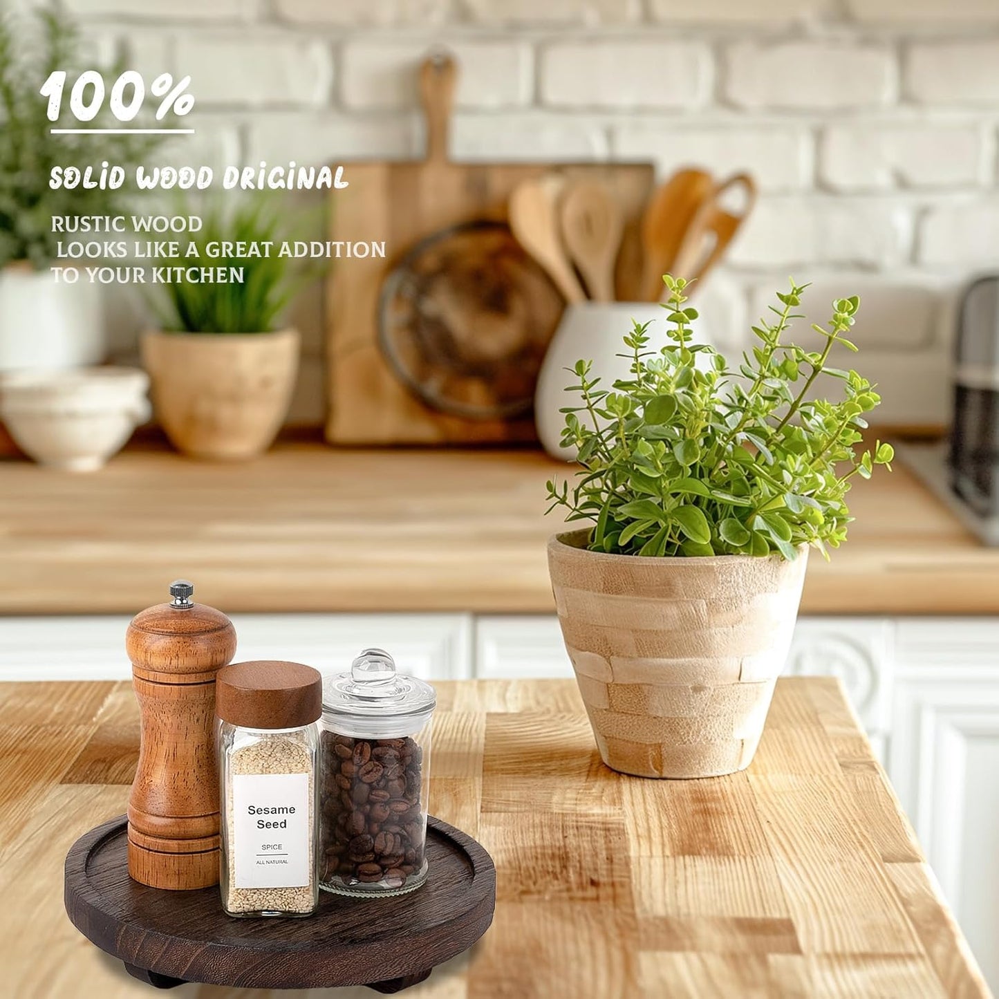 Round Decorative Tray Wood Bathroom Counter Organizer Farmhouse Kitchen / Dark Brown / Set of 8