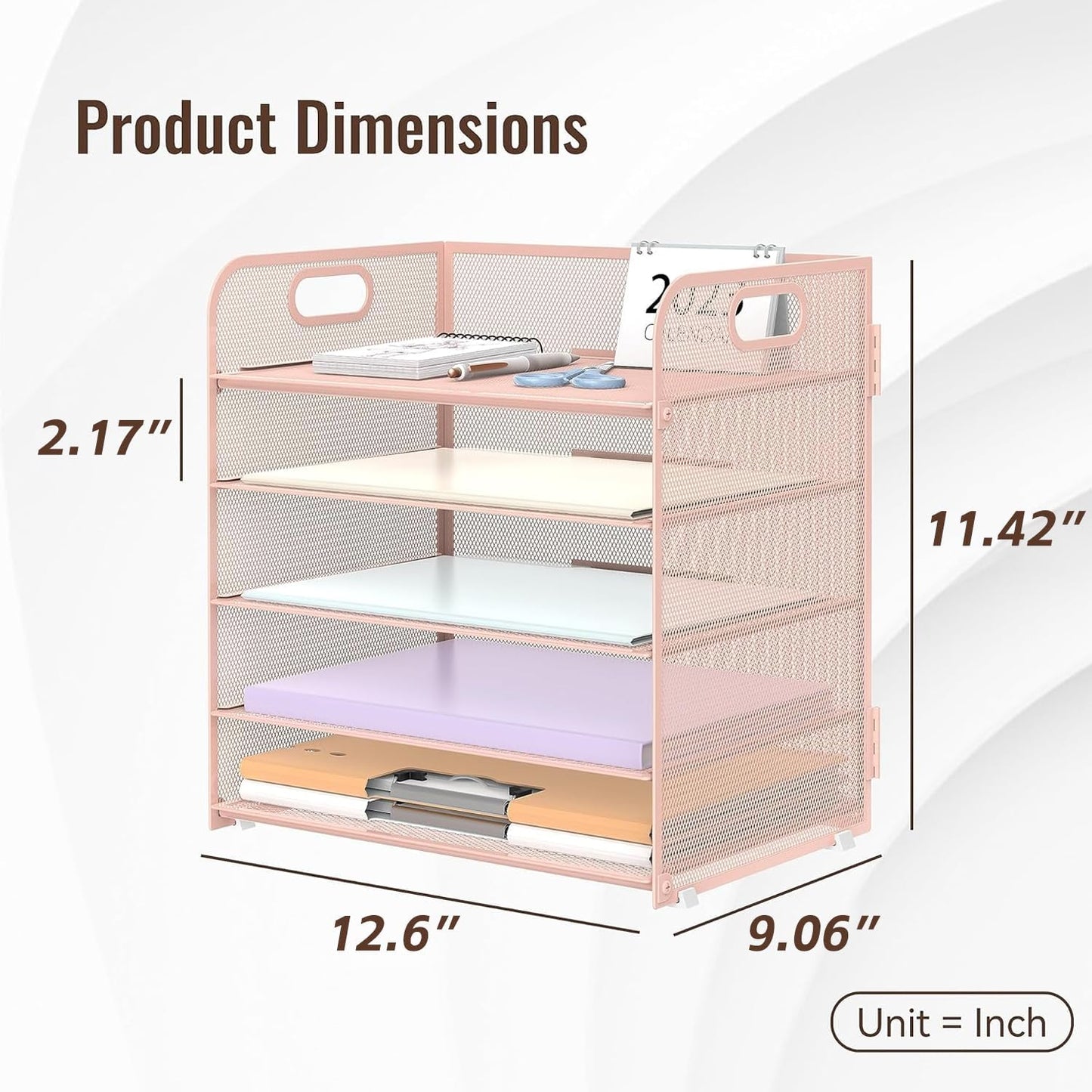 2 Pack 5-Tier Pink Desk Organizer with Handle Mesh Desk File/Paper Organizer Letter Tray for Office, School, Classroom