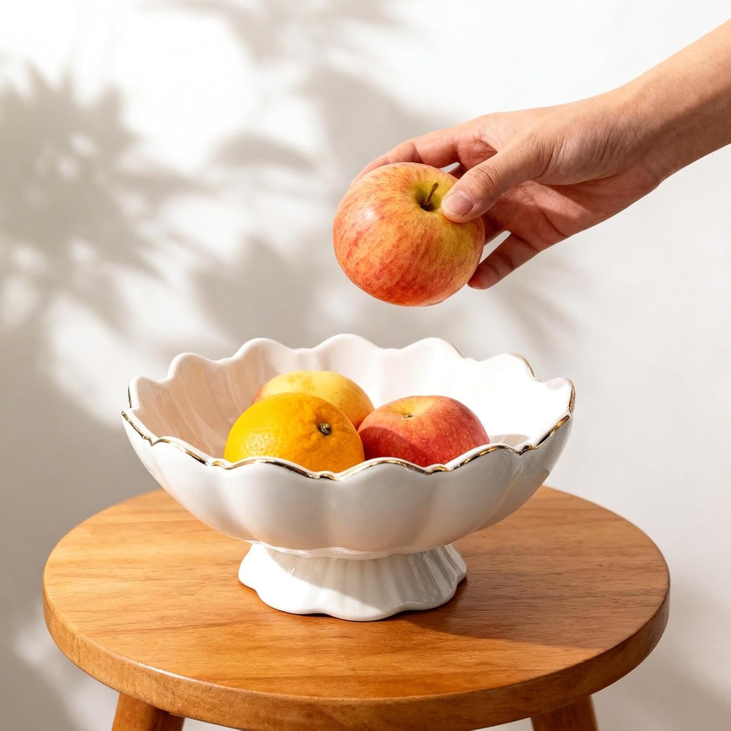 Small Decorative Bowl Ceramic Key & Fruit Bowl Ruffle Lotus Shape / 8 Inch / White