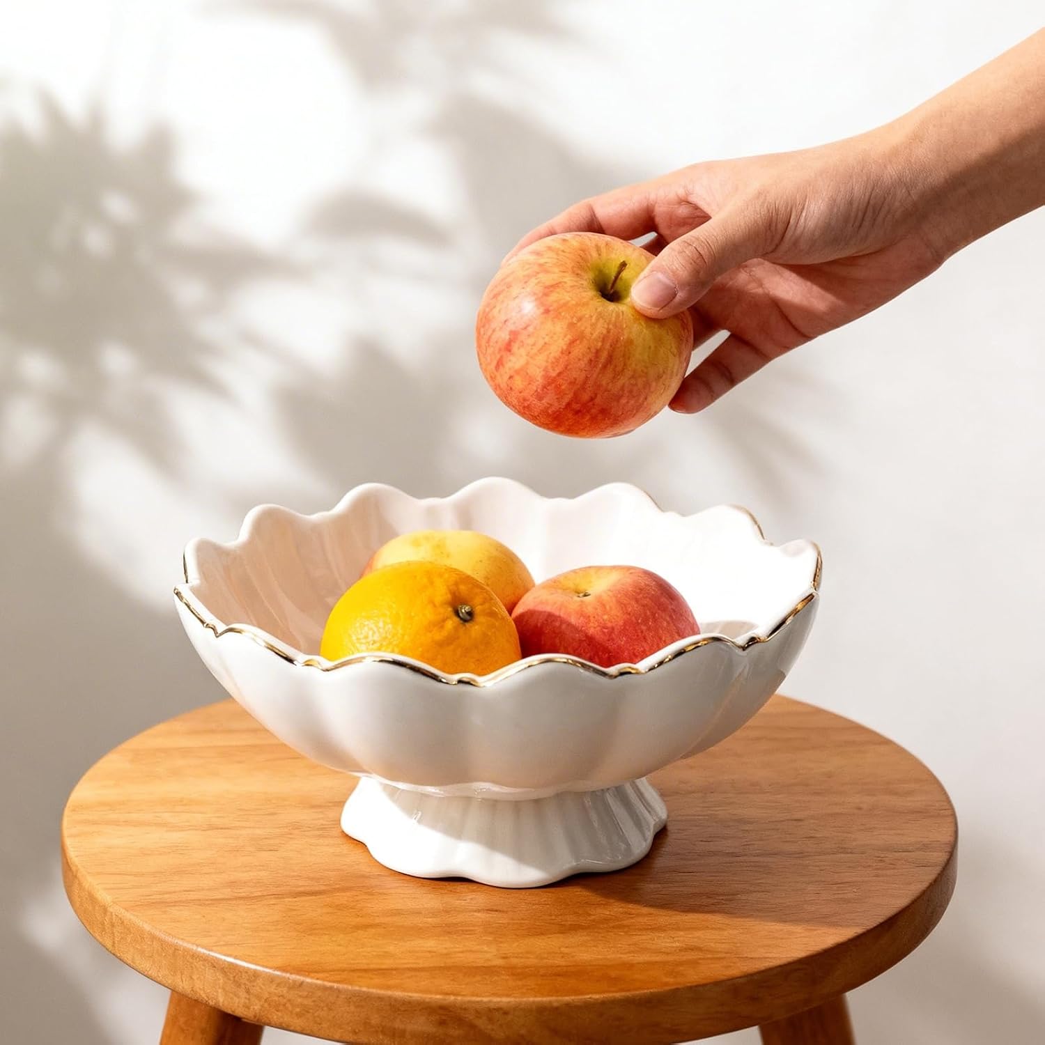 Small Decorative Bowl Ceramic Key & Fruit Bowl Ruffle Lotus Shape / 8 Inch / White