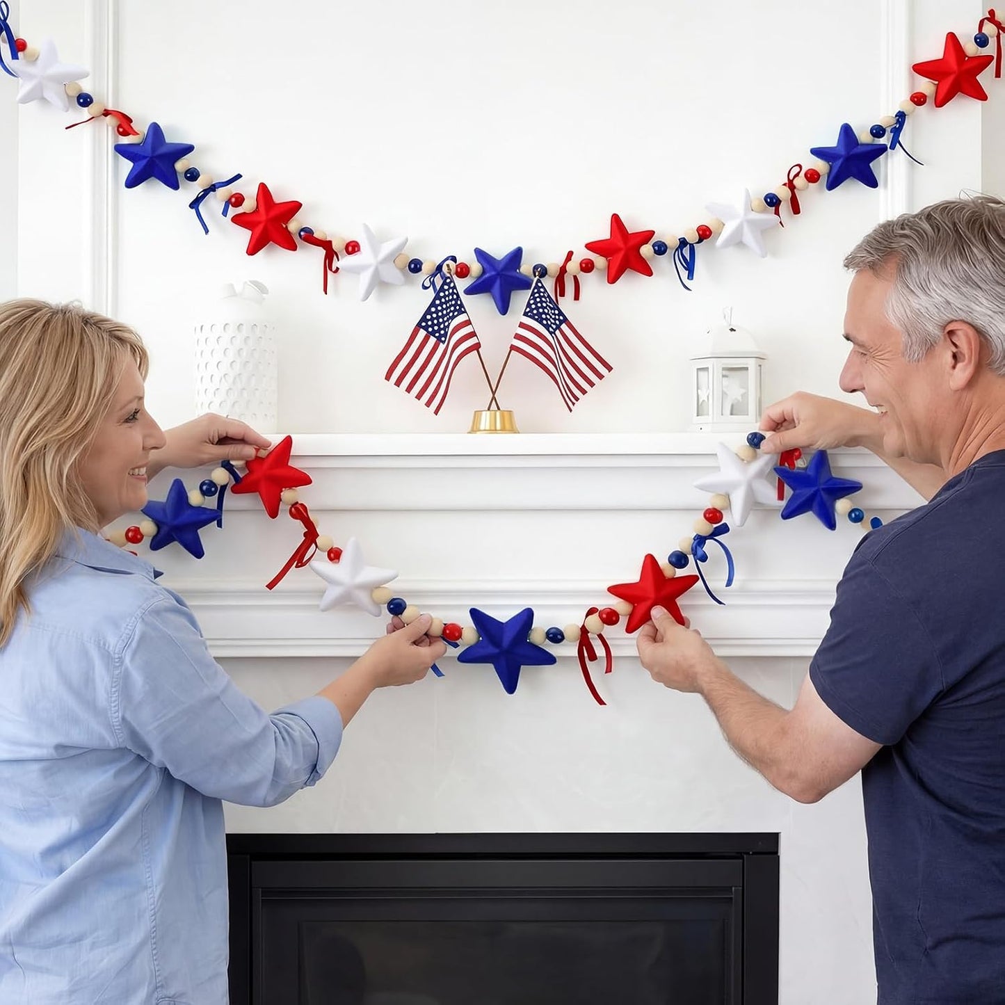 Decorations Patriotic Garland Wooden Beads Banner / 4th of July / Red and Blue / 4.92 ft