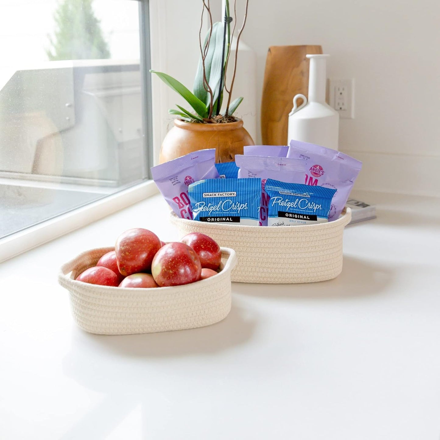 5-Piece Rectangle Storage Basket Set- Natural Cotton Rope Woven Baskets for Organizing! / Beige